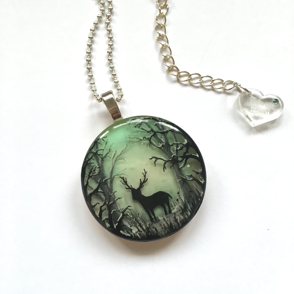 Winter Stag in Snowy Forest Hand Painted Resin Pendant