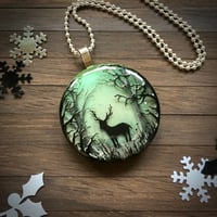 Image 1 of Winter Stag in Snowy Forest Hand Painted Resin Pendant