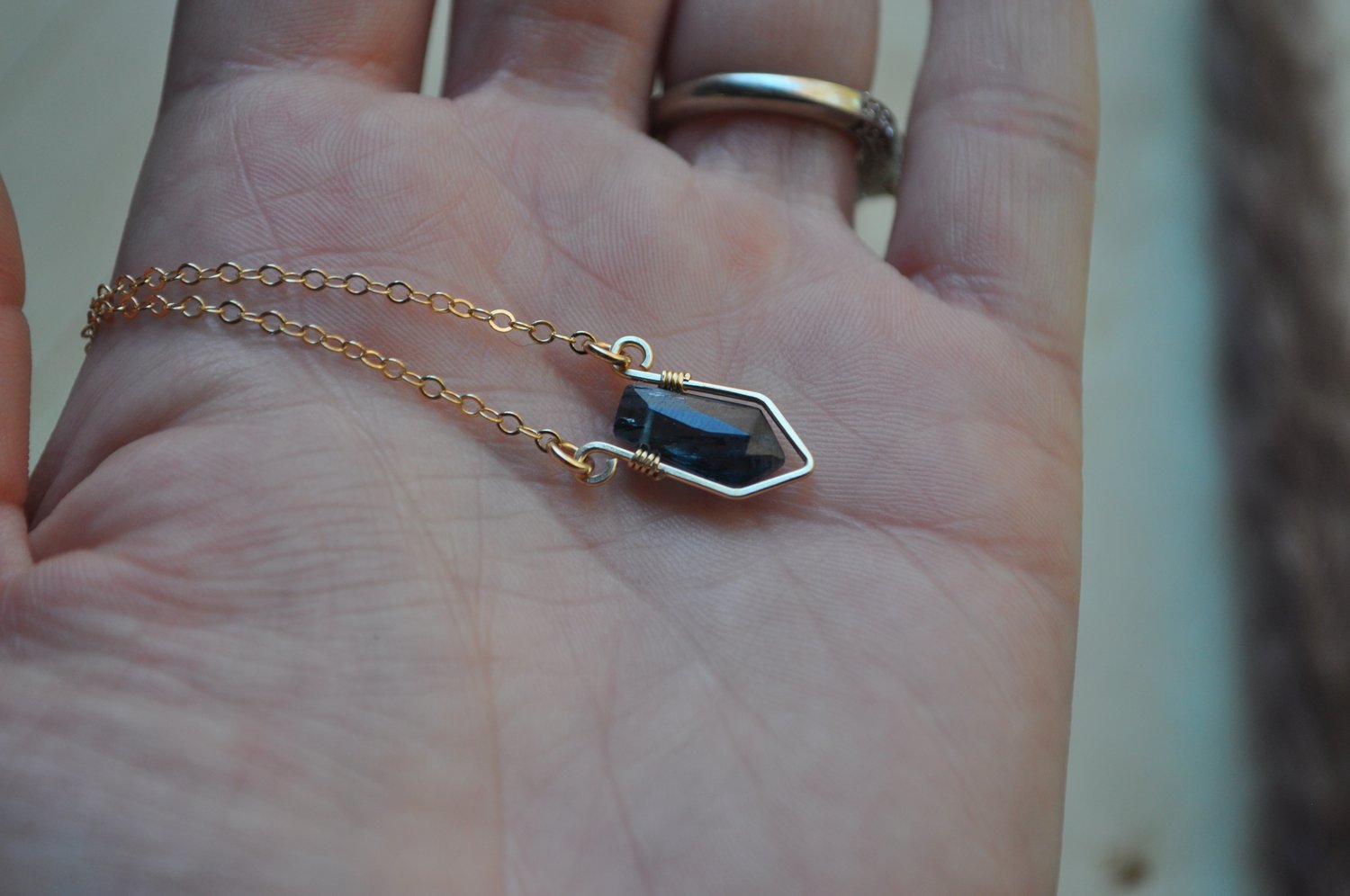 Image of Teal Kyanite Shield Necklace - in Gold Fill