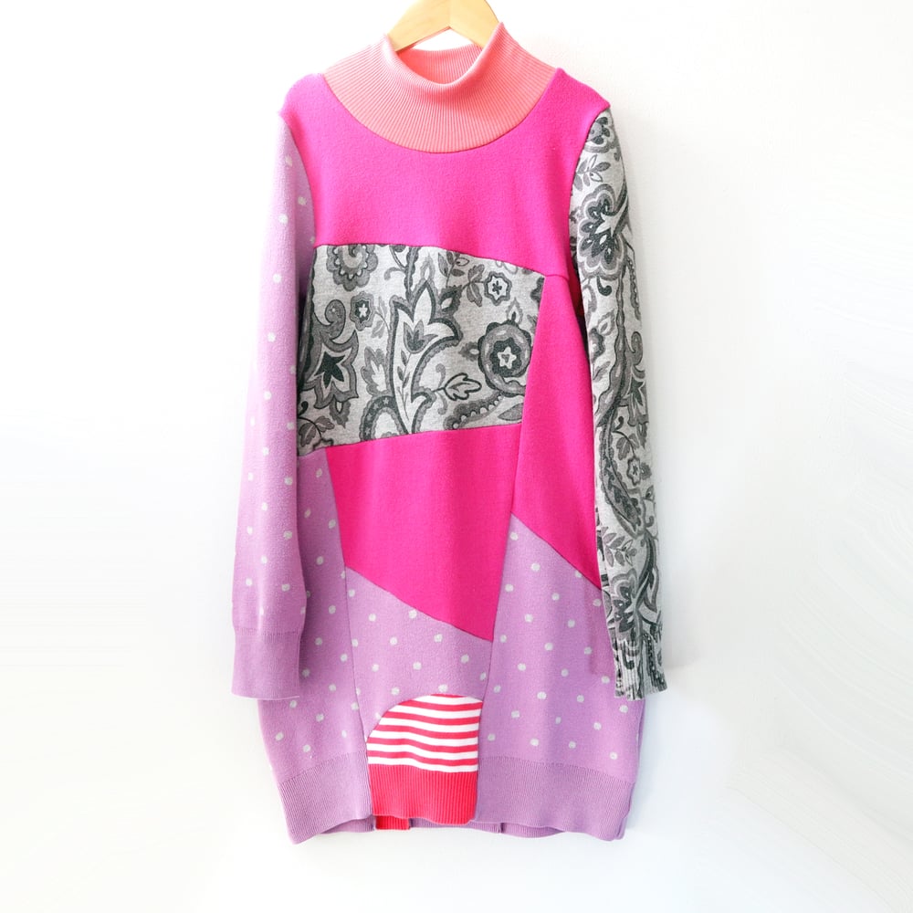 Image of polka dot pink purple gray patchwork 7/8 upcycled sweater sweaters longsleeve long sleeve dress