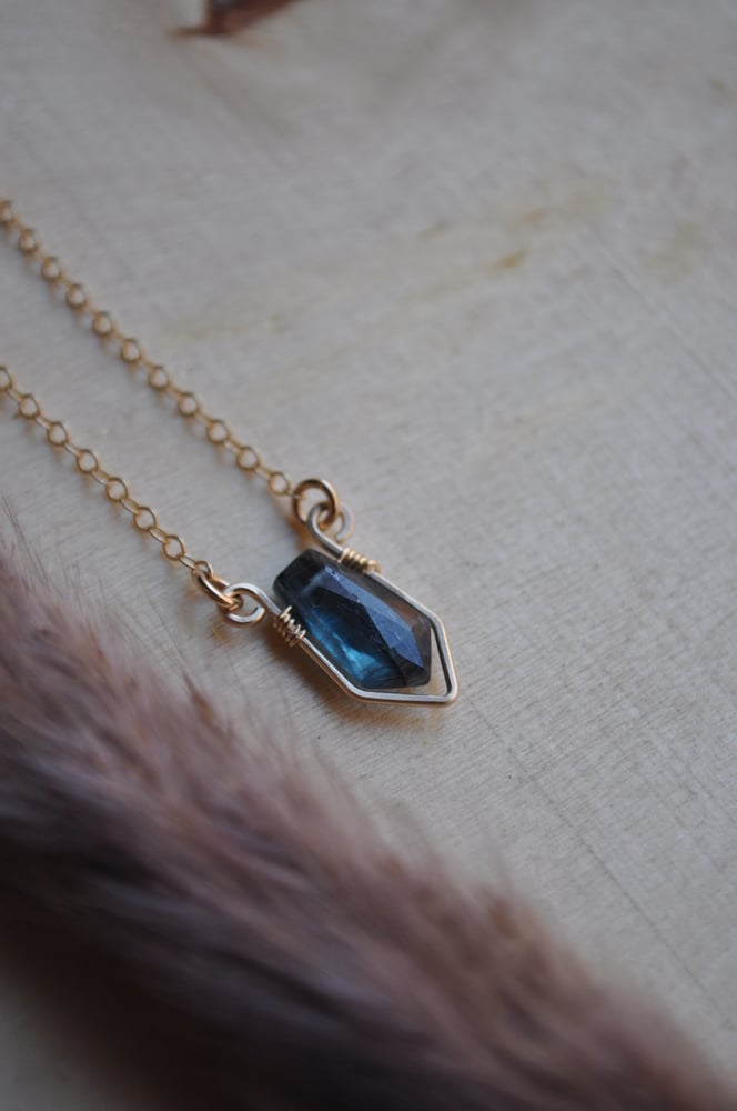 Image of Teal Kyanite Shield Necklace - in Gold Fill