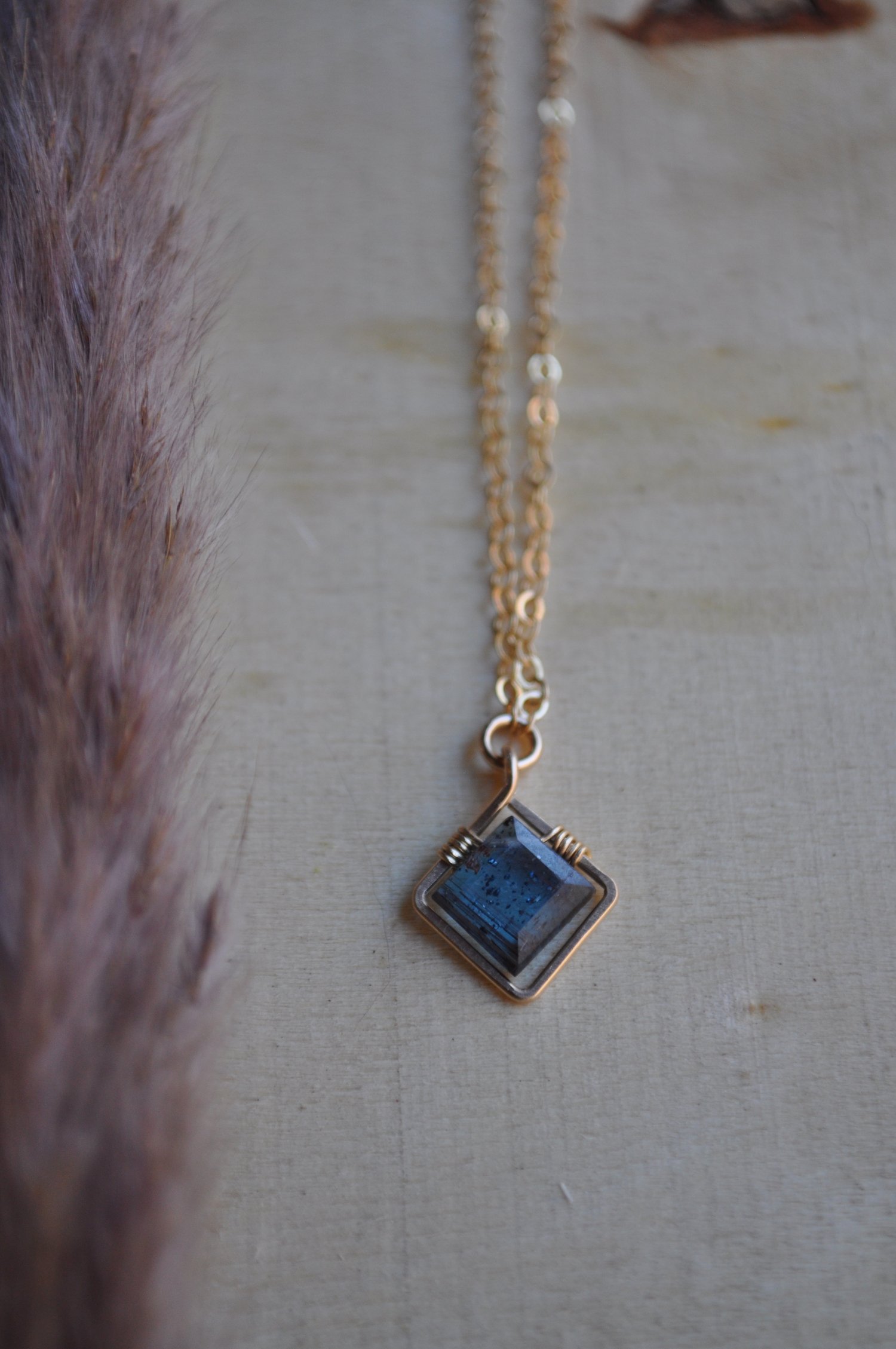 Image of Teal Kyanite Square Necklace - in Gold Fill