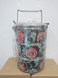 Image 1 of 3 tier tiffin carrier- Carnations design