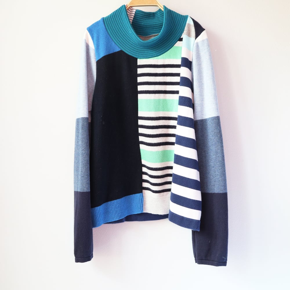 Image of superstripe blues blue stripe patchwork 14 sweater shirt top courtneycourtney longsleeve