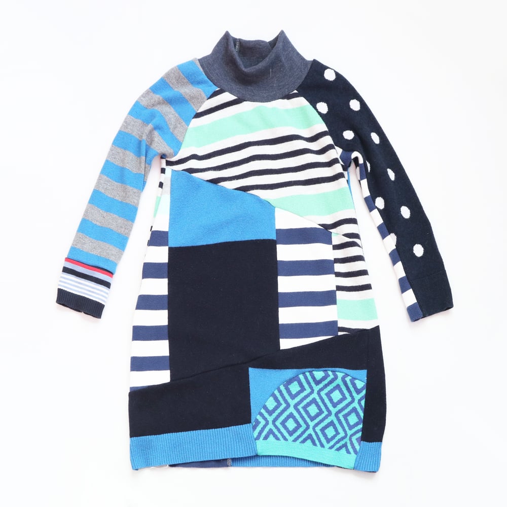 Image of polka dot blues stripes patchwork 5T courtneycourtney bold mix sweater wow long sleeve dress
