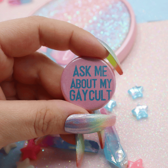 Image of Ask Me About My Gay Cult Button Badge