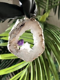 Image 1 of QUARTZ GEODE PENDANT WITH AMETHYST POINT- ELECTROPLATED