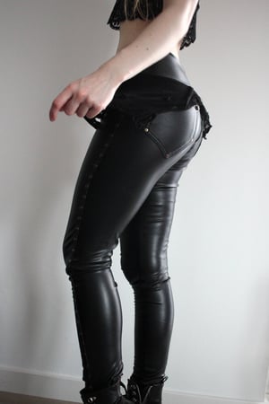 Image of SAMPLE SALE - STUDDED FAUX LEATHER LEGGINGS WITH MINI KNIT SKIRT (Size S)
