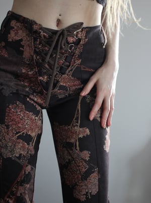 Image of SAMPLE SALE - DARK BLUE PRINTED SUEDE LACE UP PANTS (Size S/M)