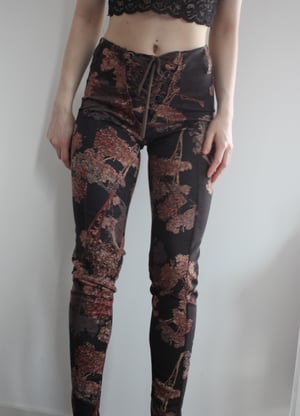 Image of SAMPLE SALE - DARK BLUE PRINTED SUEDE LACE UP PANTS (Size S/M)