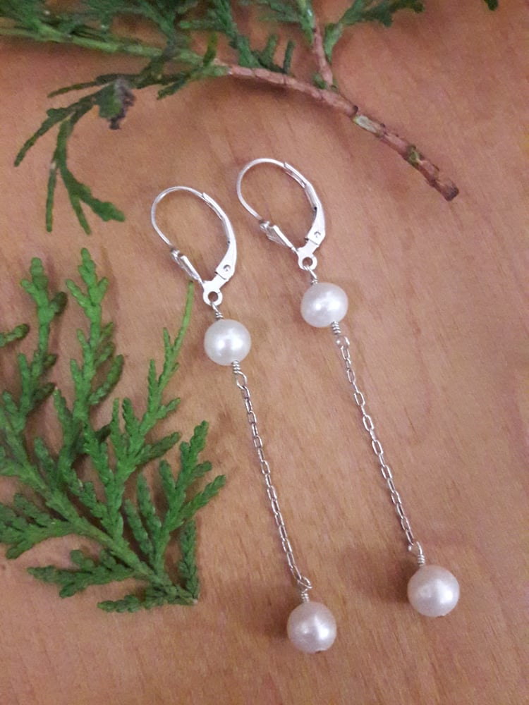 Image of White Pearl Earrings with Sterling Chain 5EH