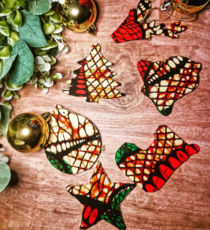 Image of African print Christmas decorations 