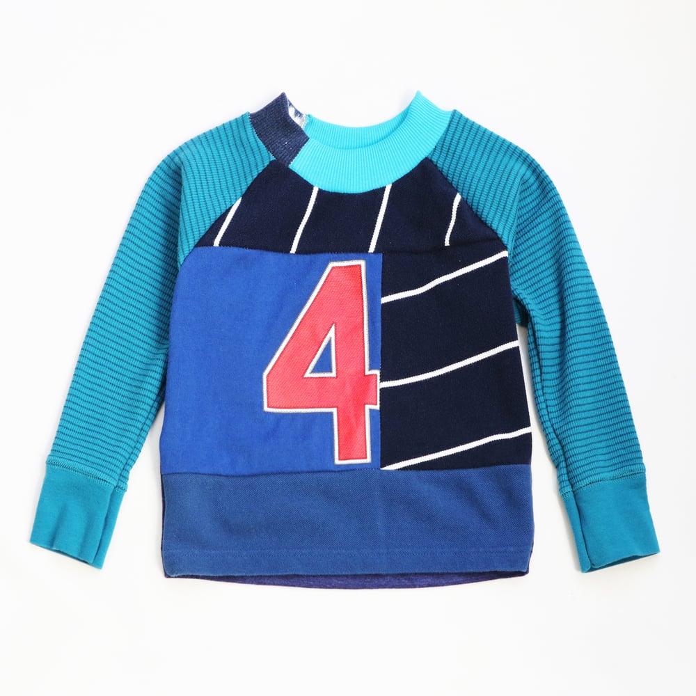 Image of blue stripe HAPPY 4TH BIRTHDAY 4T FOUR 4 FOURTH BDAY courtneycourtney tee tshirt top raglan boys