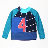 Image 1 of blue stripe HAPPY 4TH BIRTHDAY 4T FOUR 4 FOURTH BDAY courtneycourtney tee tshirt top raglan boys