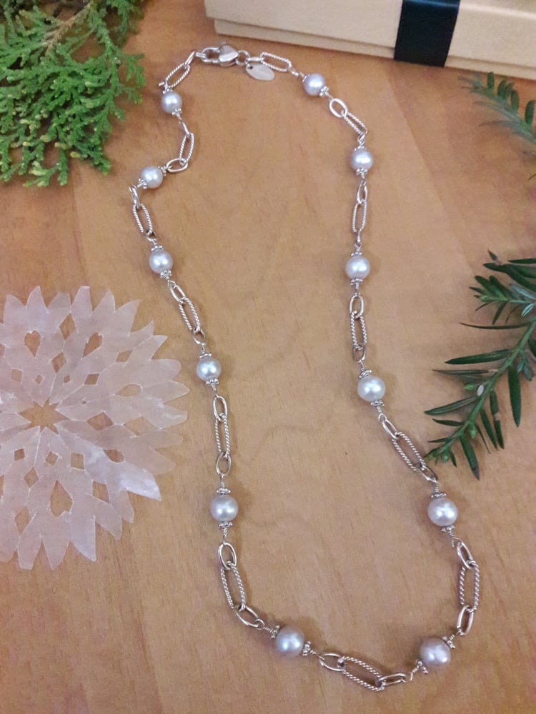 Image of Silver Freshwater Pearl Necklace with Sterling Links 4LQ