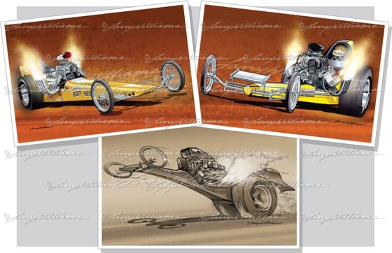 Image of "Dragster Pack" Print Set: Includes "Gold Digger", "Flame Thrower" and "Diggin' Deep".