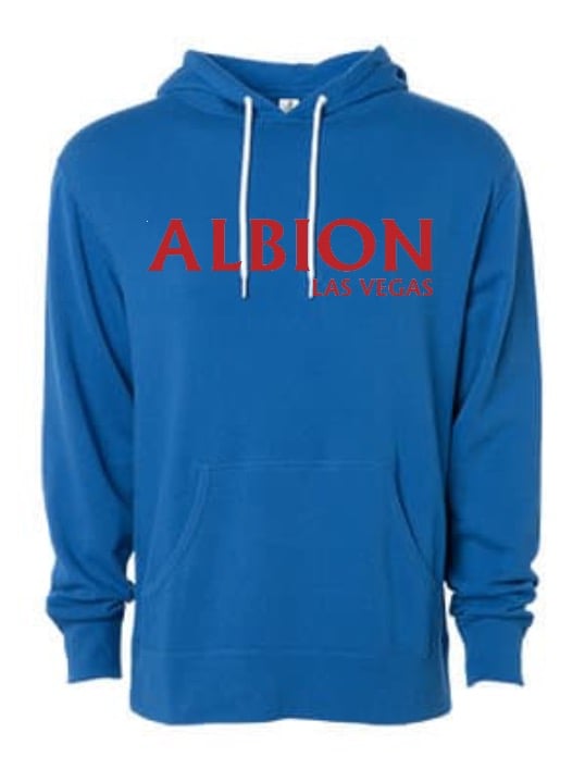 Image of Blue Hoodie with Red Print