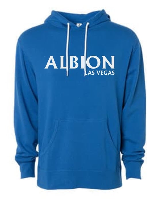 Image of Blue Hoodie with White Print
