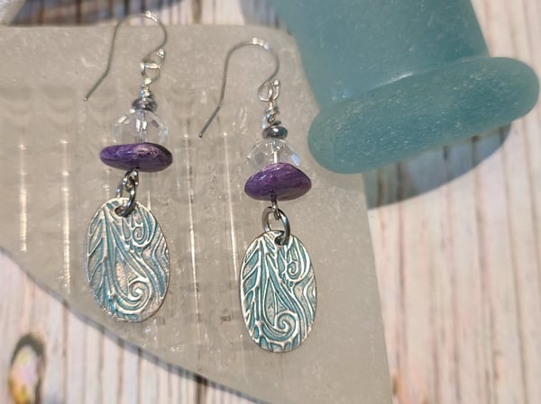 Image of Fine Silver Earrings with Purple Charoite and Crystals- Sterling Ear Wires #EB-374