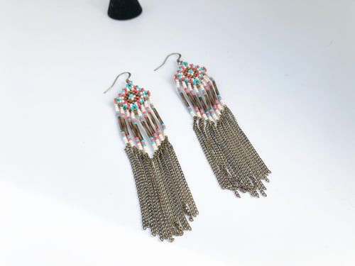 Image of Coral metal mania fringe beaded earrings 