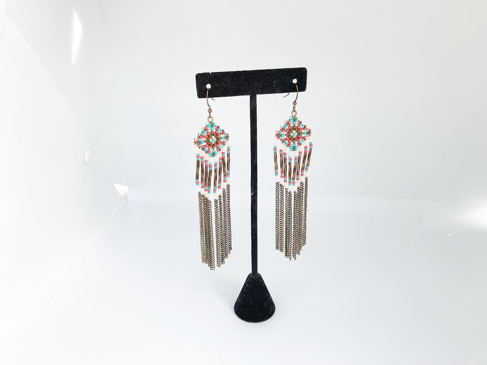 Image of Coral metal mania fringe beaded earrings 