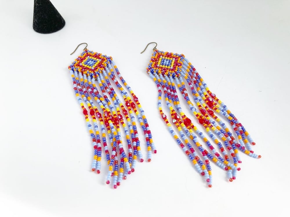 Image of Sioux blue diamond beaded earrings with fringe (large) 