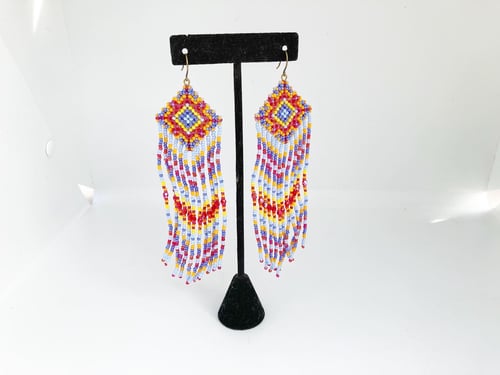 Image of Sioux blue diamond beaded earrings with fringe (large) 