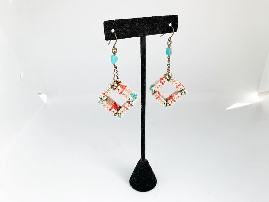 Image of Chevron square coral tone beaded earring 