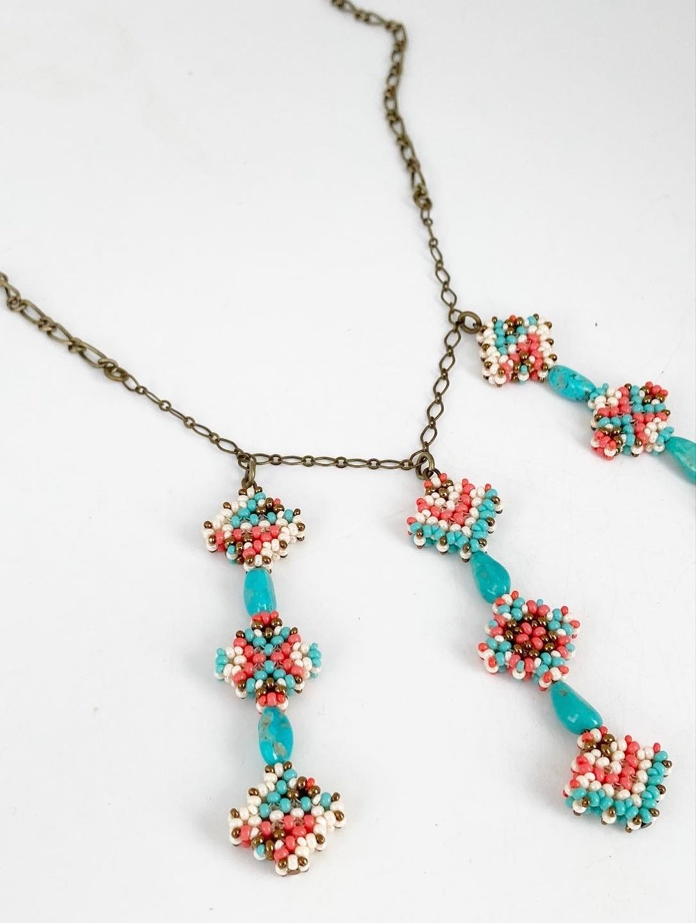 Image of Beaded coral tone shooting star necklace w/ Kingman turquoise 