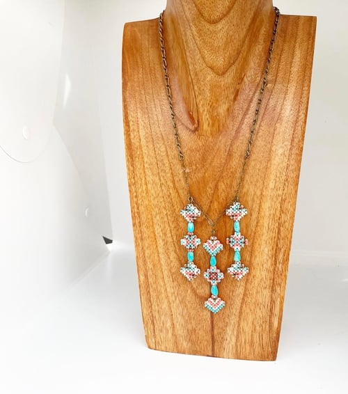 Image of Beaded coral tone shooting star necklace w/ Kingman turquoise 