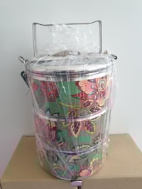 Image 1 of 3 tier tiffin carrier- Green batik