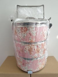 Image 1 of 3 tier tiffin carrier- Pink Batik design