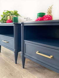 Image 3 of Vintage Stag Chateau Bedside Tables / Bedside Cabinets painted in navy blue.