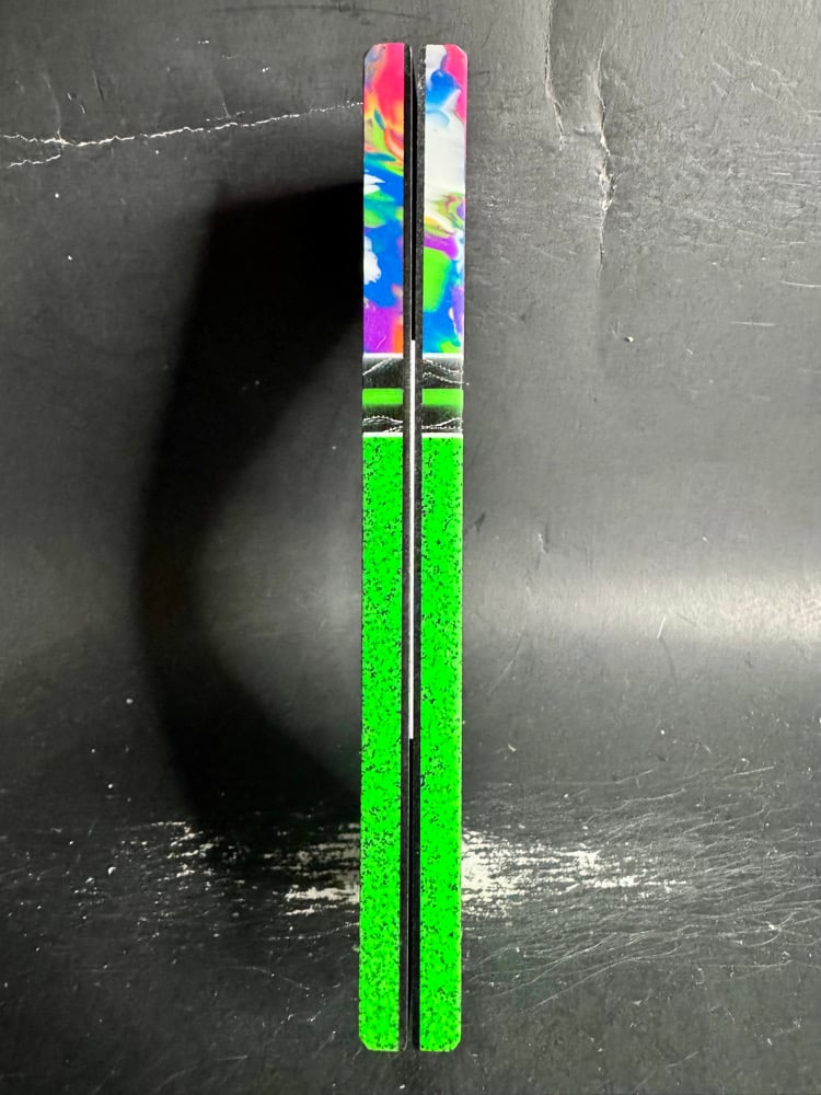 Image of @Kaoticartworks Resin & Green Grip-Tec GLOW Segmented Knife Scales