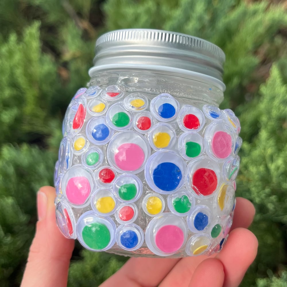 Image of rainbow googly eye jar