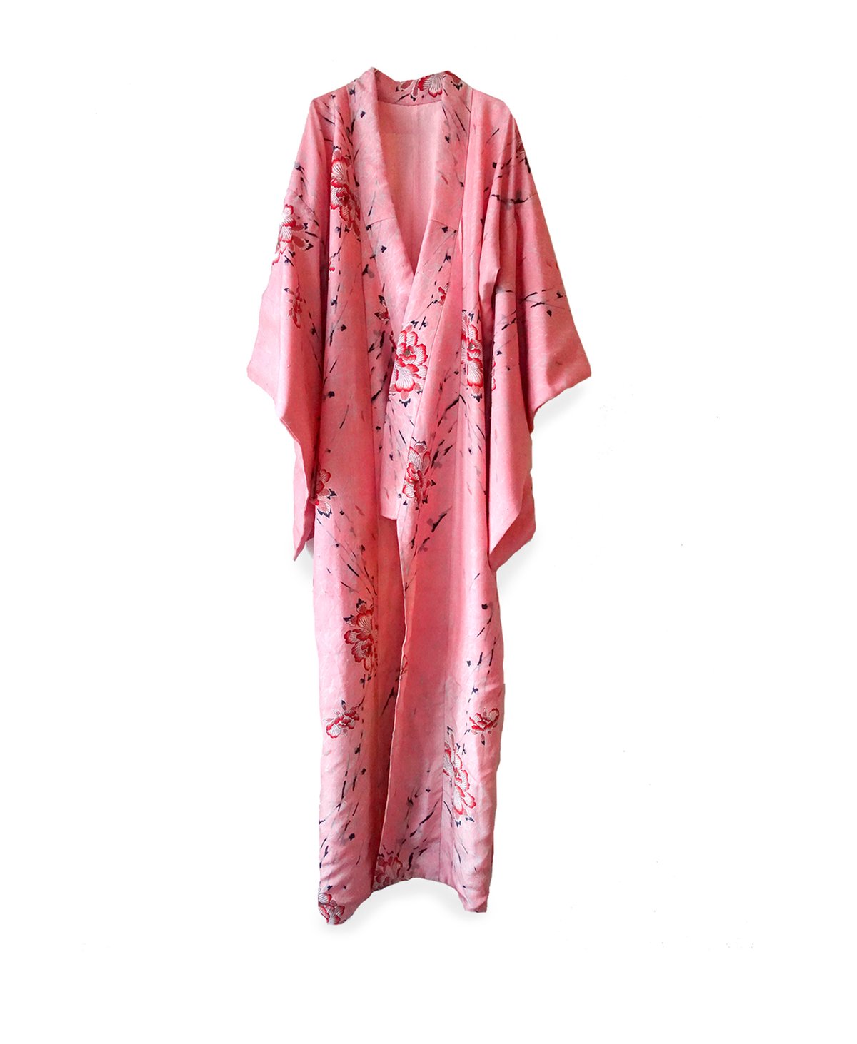 Image of Rosa kimono af råsilke m. peoner