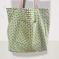 Image 1 of Green and white graphic print tote bag with burnt orange lining