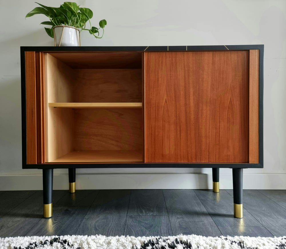 Image of 1960's TAMBOUR FRONTED SIDEBOARD / RECORD CABINET BY POUL HUNDEVAD