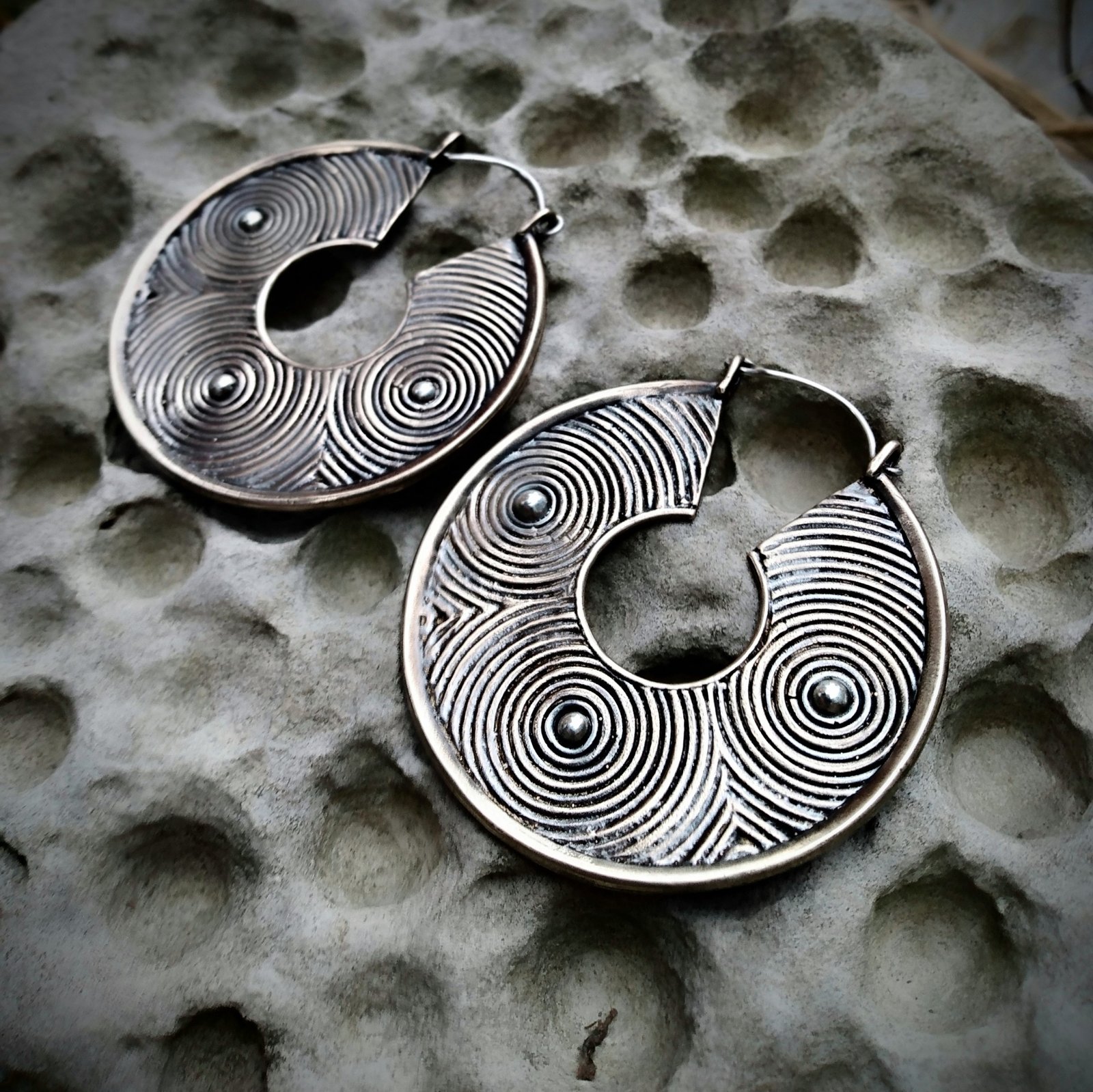 Silver 925 hand made Square earrings spiral bronze-oxidized surface-raw silver work. popular