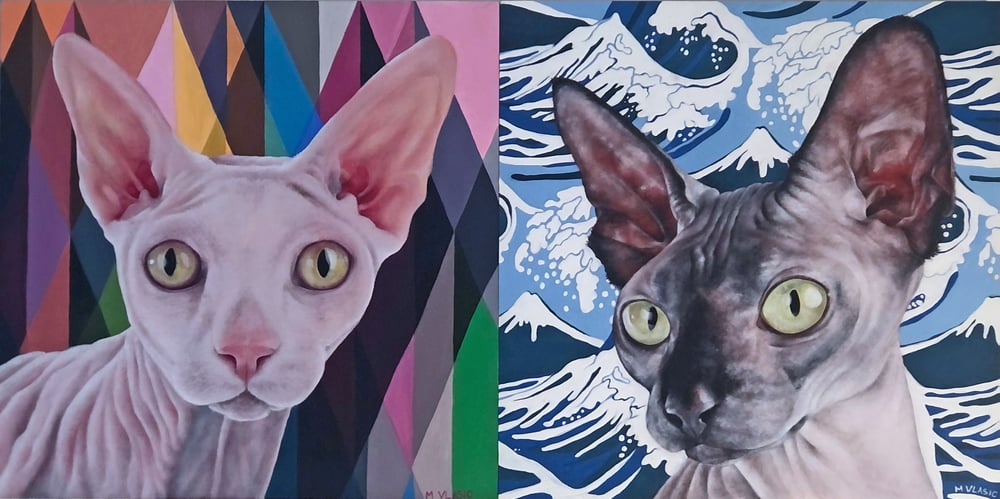Image of "Charlemagne & Matilda" Oil Painting Diptych, Sphynx Cat 