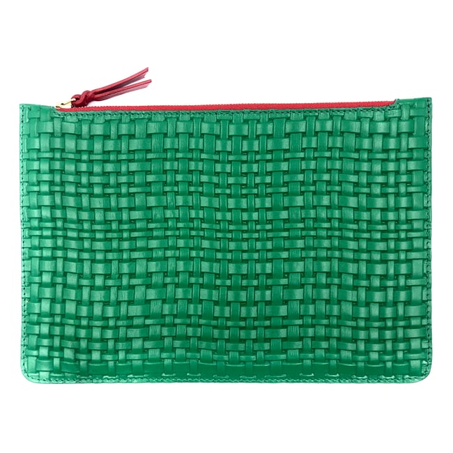 Grass green "tressé" leather XL pouch - red & gold zipper