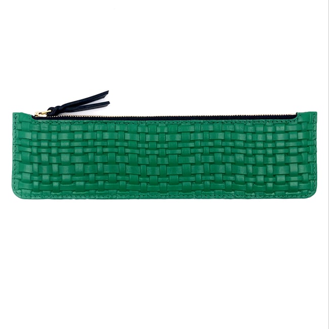 Emerald green "tressé" leather Pencil case