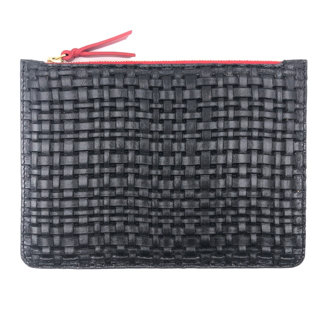 Black "tressé" leather Maxi pouch - red & gold zipper