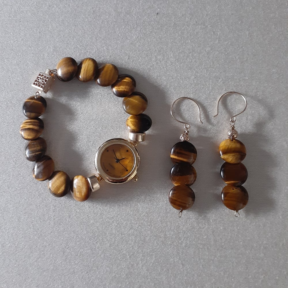 Image of Tiger Eye Stone Watch and Earrings set