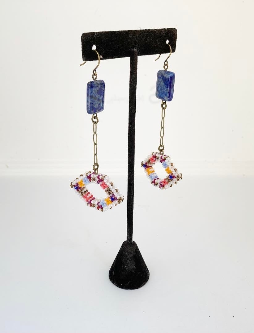 Image of Beaded geometric lip earrings with Lapis 