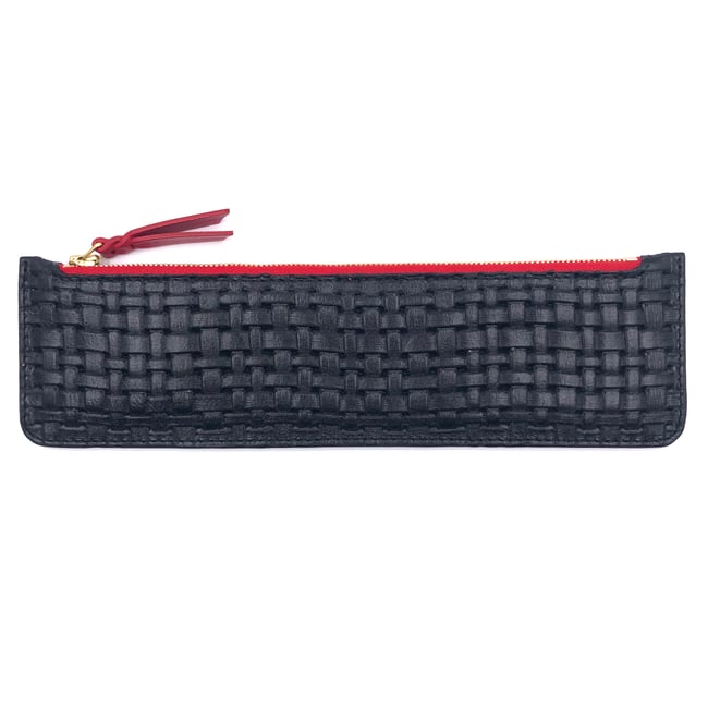 Black "tressé leather Pencil case - red & gold zipper