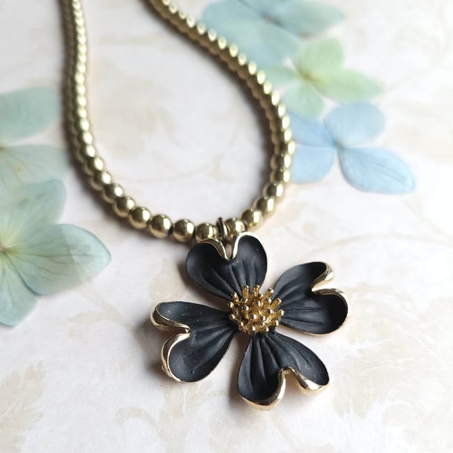 Vintage Matte Black Dogwood Floral Pendant on Soft Gold Pyrite Beaded Necklace (One-of-a-Kind)