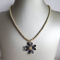 Image 3 of Vintage Matte Black Dogwood Floral Pendant on Soft Gold Pyrite Beaded Necklace (One-of-a-Kind)