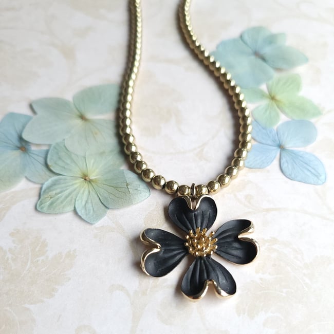 Vintage Matte Black Dogwood Floral Pendant on Soft Gold Pyrite Beaded Necklace (One-of-a-Kind)