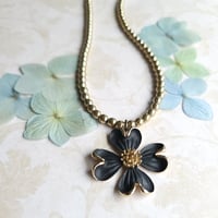 Image 4 of Vintage Matte Black Dogwood Floral Pendant on Soft Gold Pyrite Beaded Necklace (One-of-a-Kind)